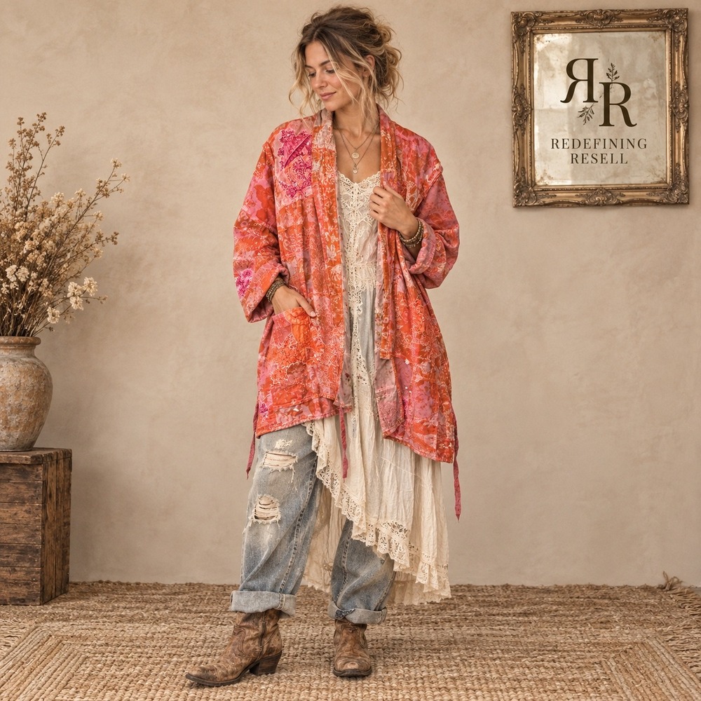 Magnolia Pearl Love Supply Co Quilted Kimono Jacket Pink Orange Patchwork OS